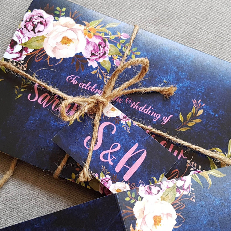 Navy Pretty Floral Concertina Wedding and Evening Invitation