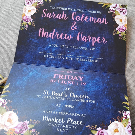 Navy Pretty Floral Concertina Wedding and Evening Invitation