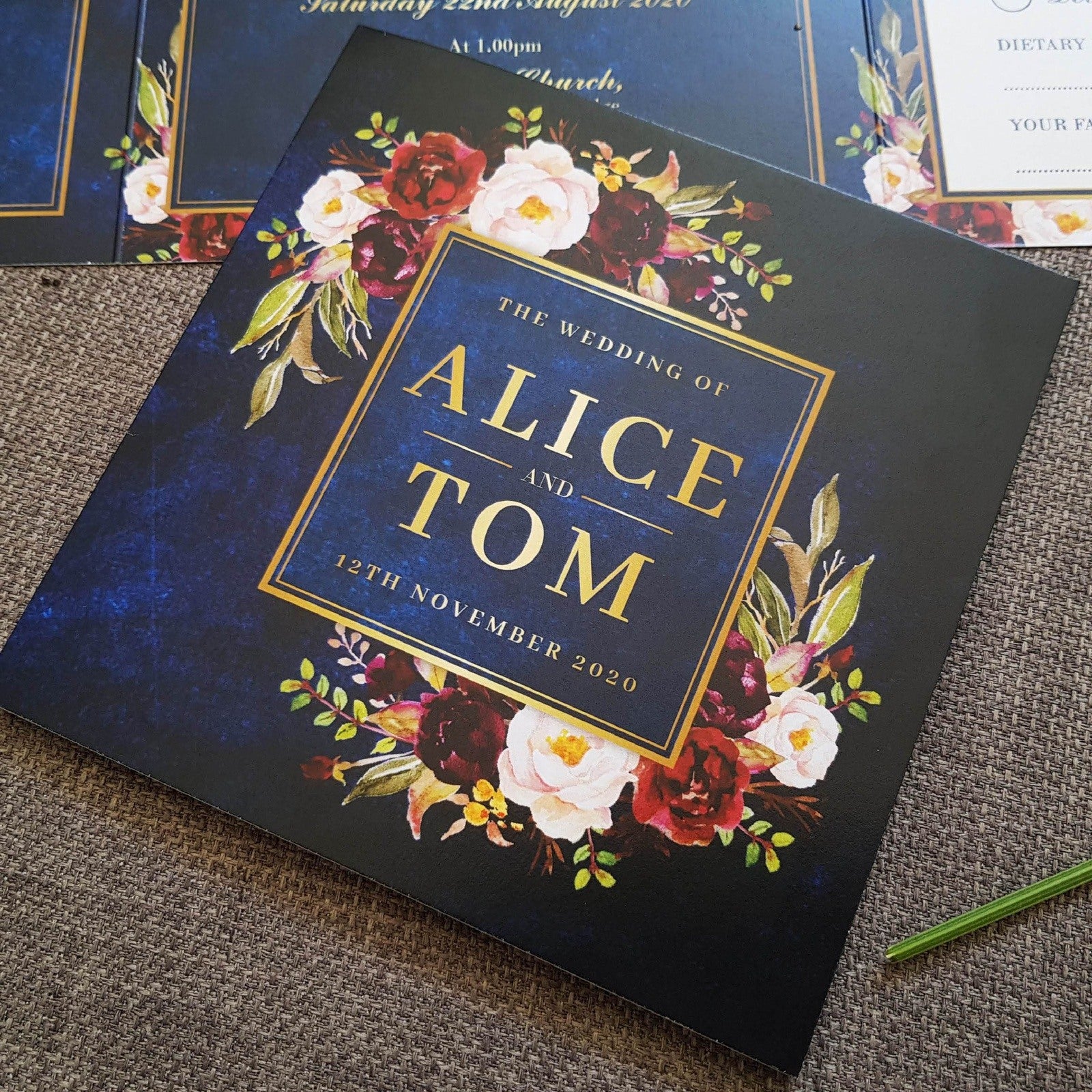 Navy Wild Floral Trifold Wedding and Evening Invitation