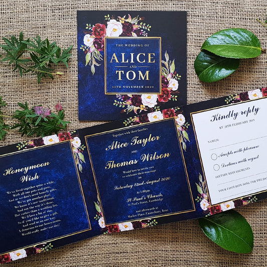 Navy Wild Floral Trifold Wedding and Evening Invitation