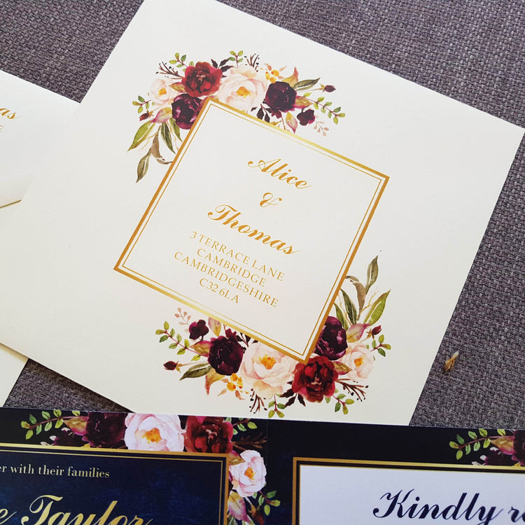 Navy Wild Floral Trifold Wedding and Evening Invitation