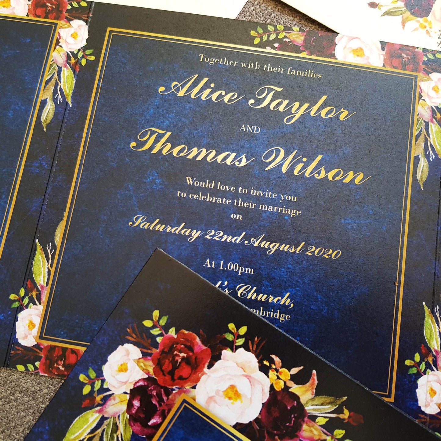 Navy Wild Floral Trifold Wedding and Evening Invitation