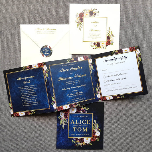 Navy Wild Floral Trifold Wedding and Evening Invitation