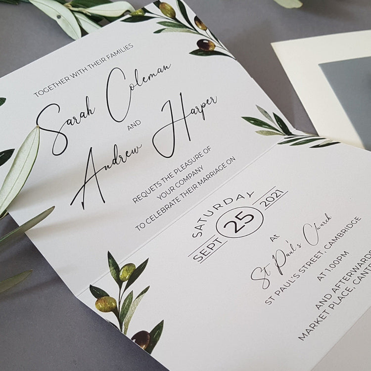 Olive Concertina Wedding and Evening Invitation