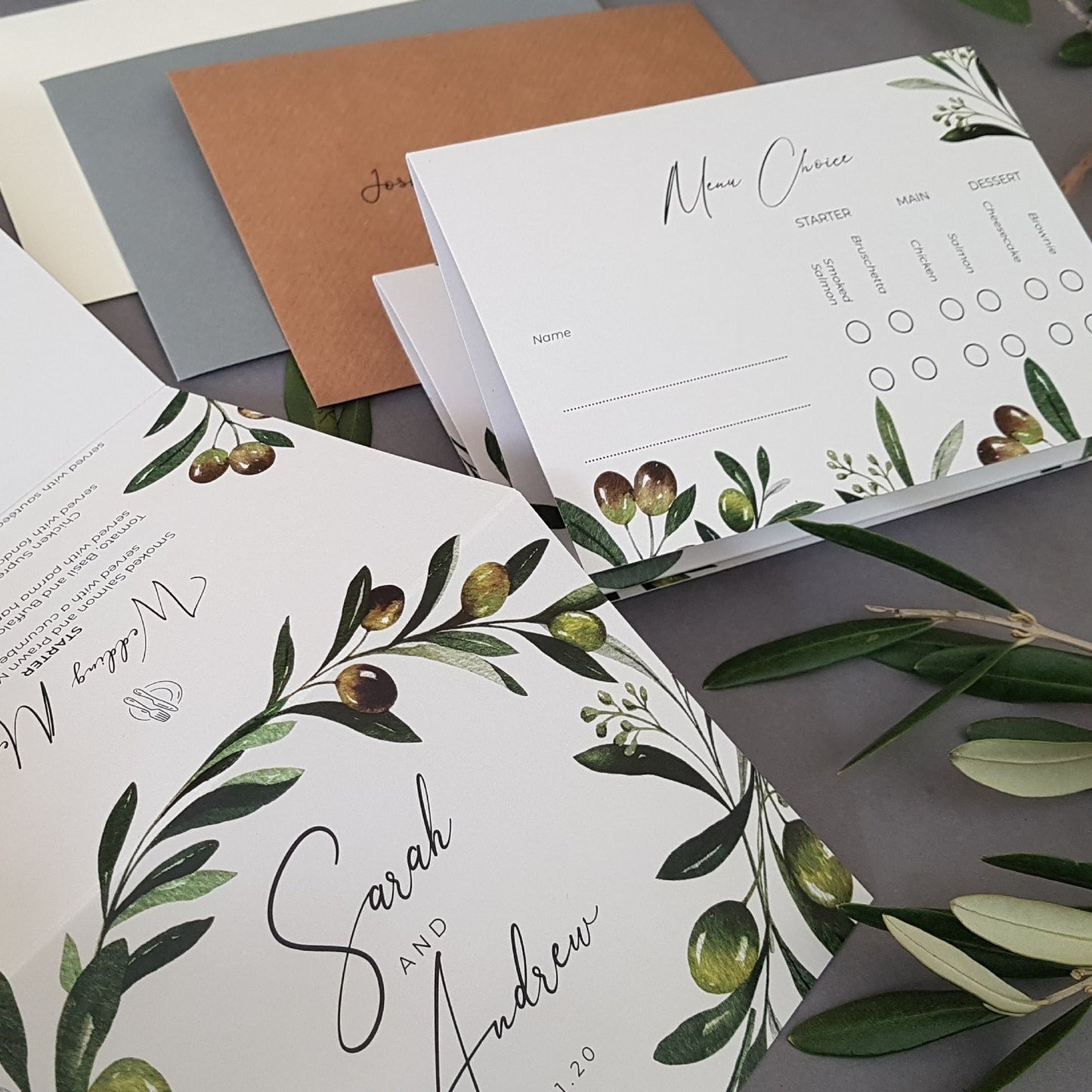 Olive Concertina Wedding and Evening Invitation