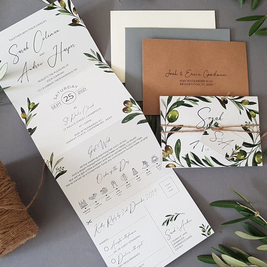 Olive Concertina Wedding and Evening Invitation