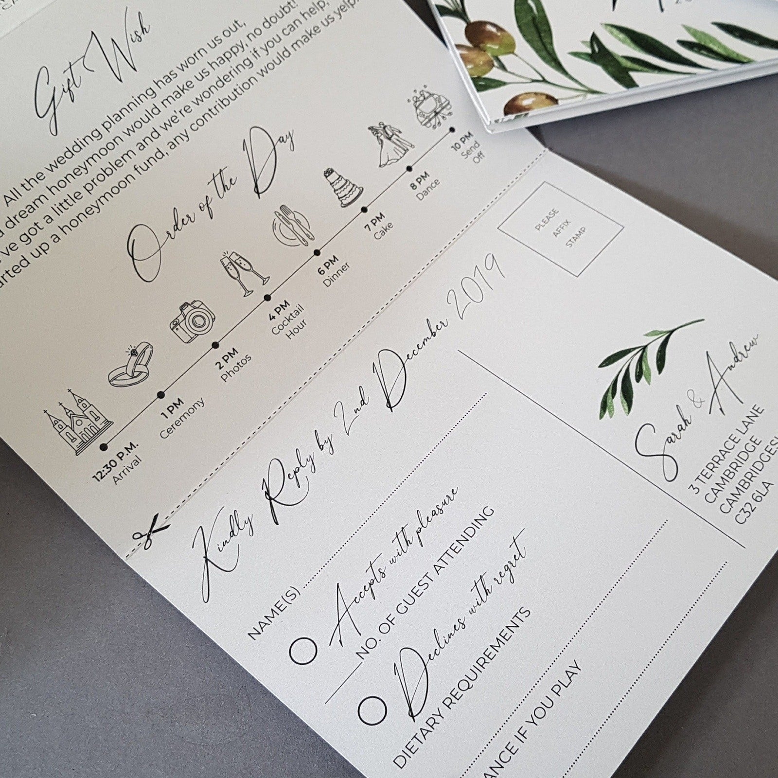 Olive Concertina Wedding and Evening Invitation