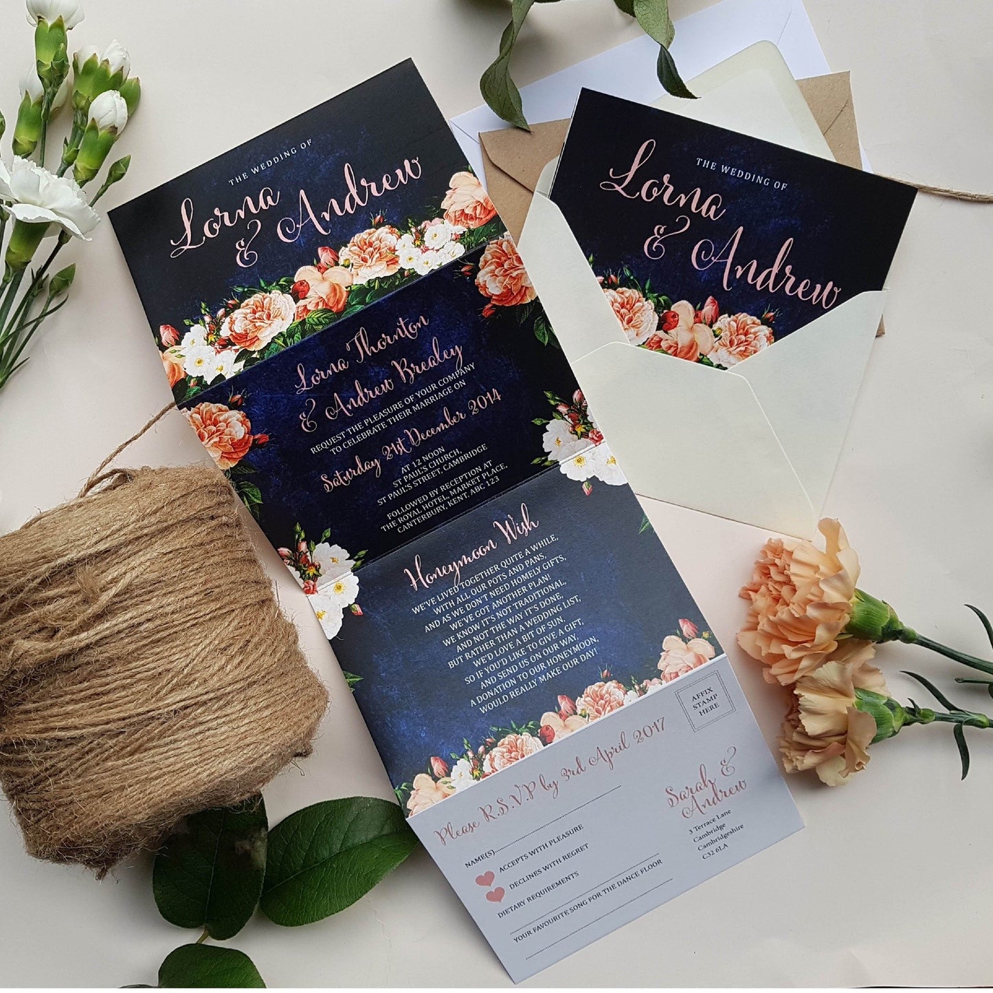 Peach floral Concertina Wedding Invitations Sample