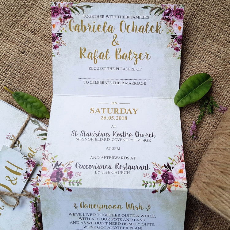 Pink Floral Concertina Wedding and Evening Invitation