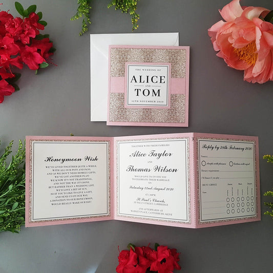 Pink Glitz Trifold Wedding Invitations Sample