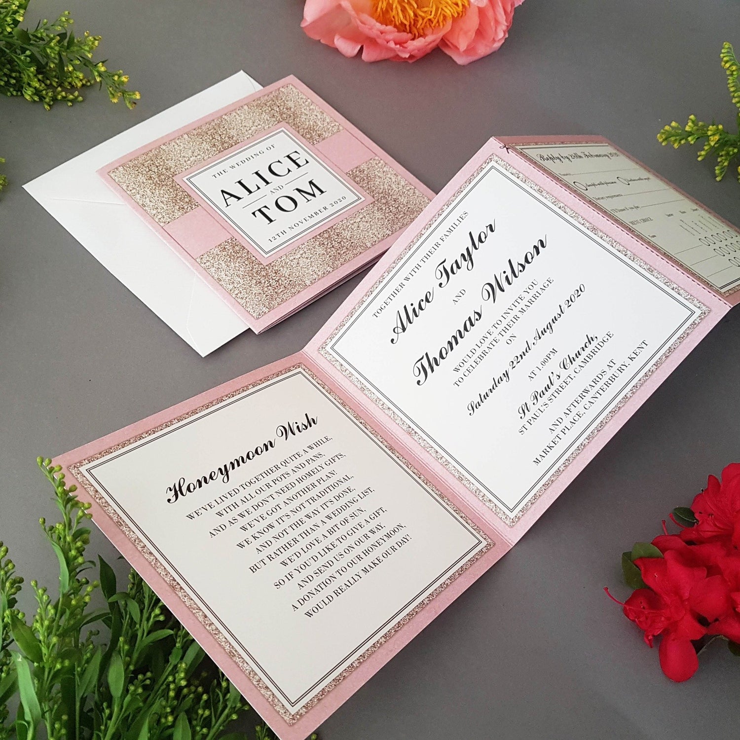 Pink Glitz Trifold Wedding Invitations Sample