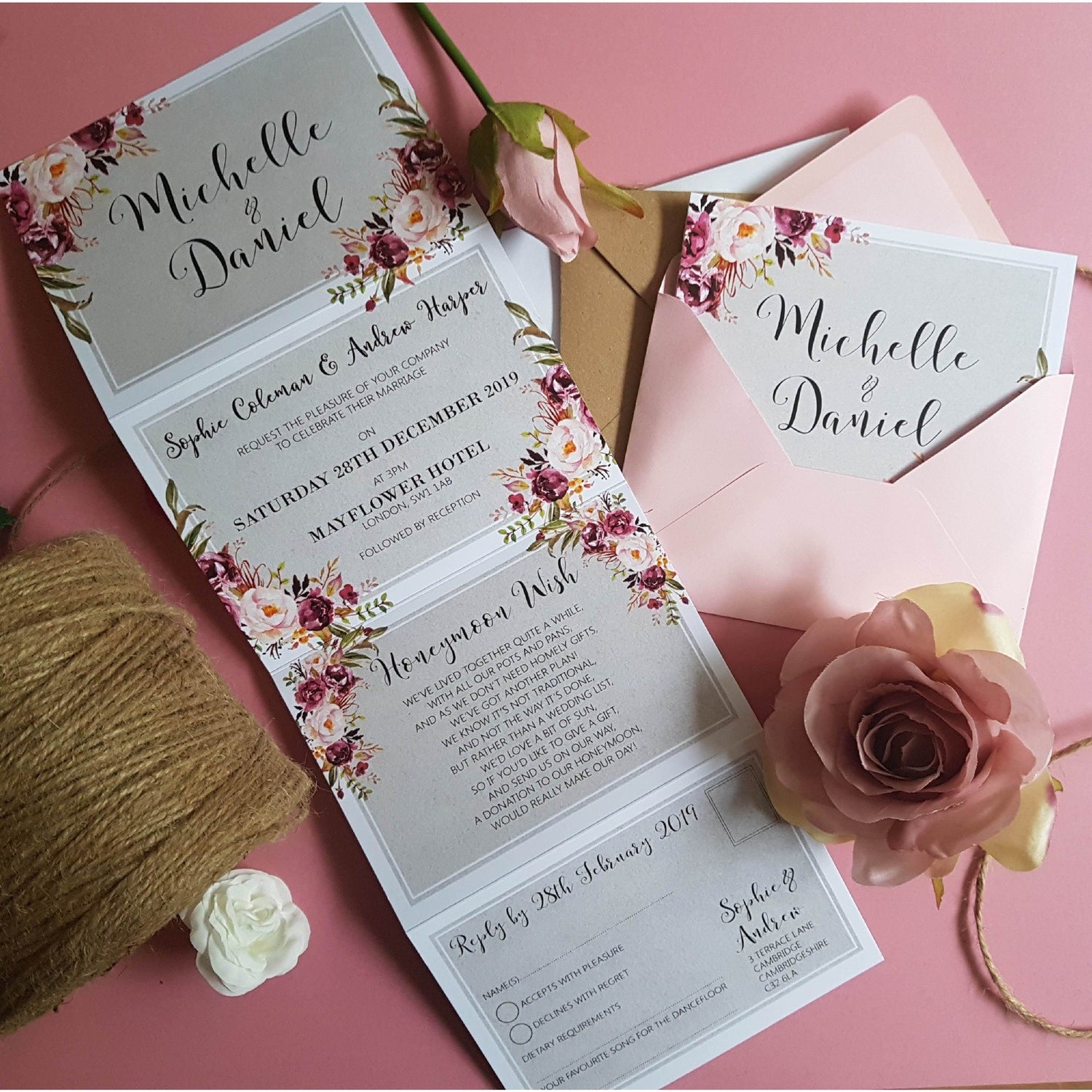 Pink & Grey Concertina Wedding Invitations Sample