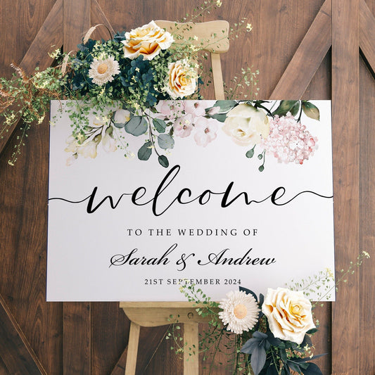 Pink & White Floral Wedding Welcome Sign