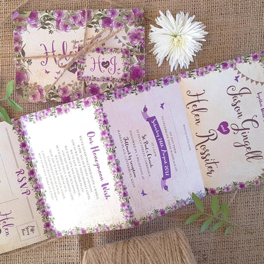 Purple Country Cottage Concertina Wedding Invitations