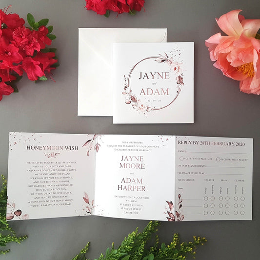 Rose Gold Trifold Wedding Invitations Sample