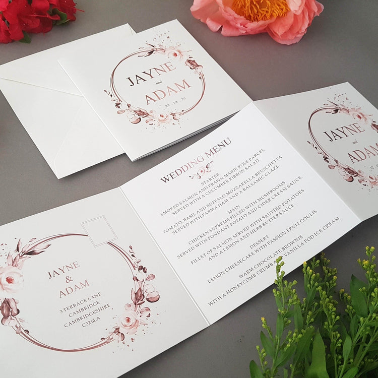 Rose Gold Trifold Wedding and Evening Invitation