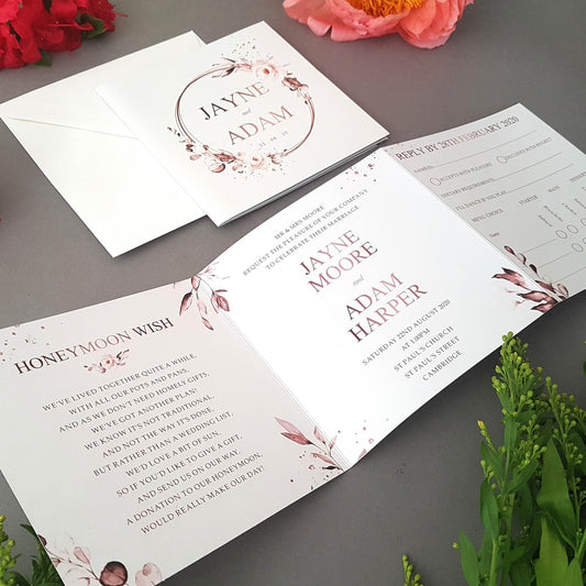 Rose Gold Trifold Wedding and Evening Invitation