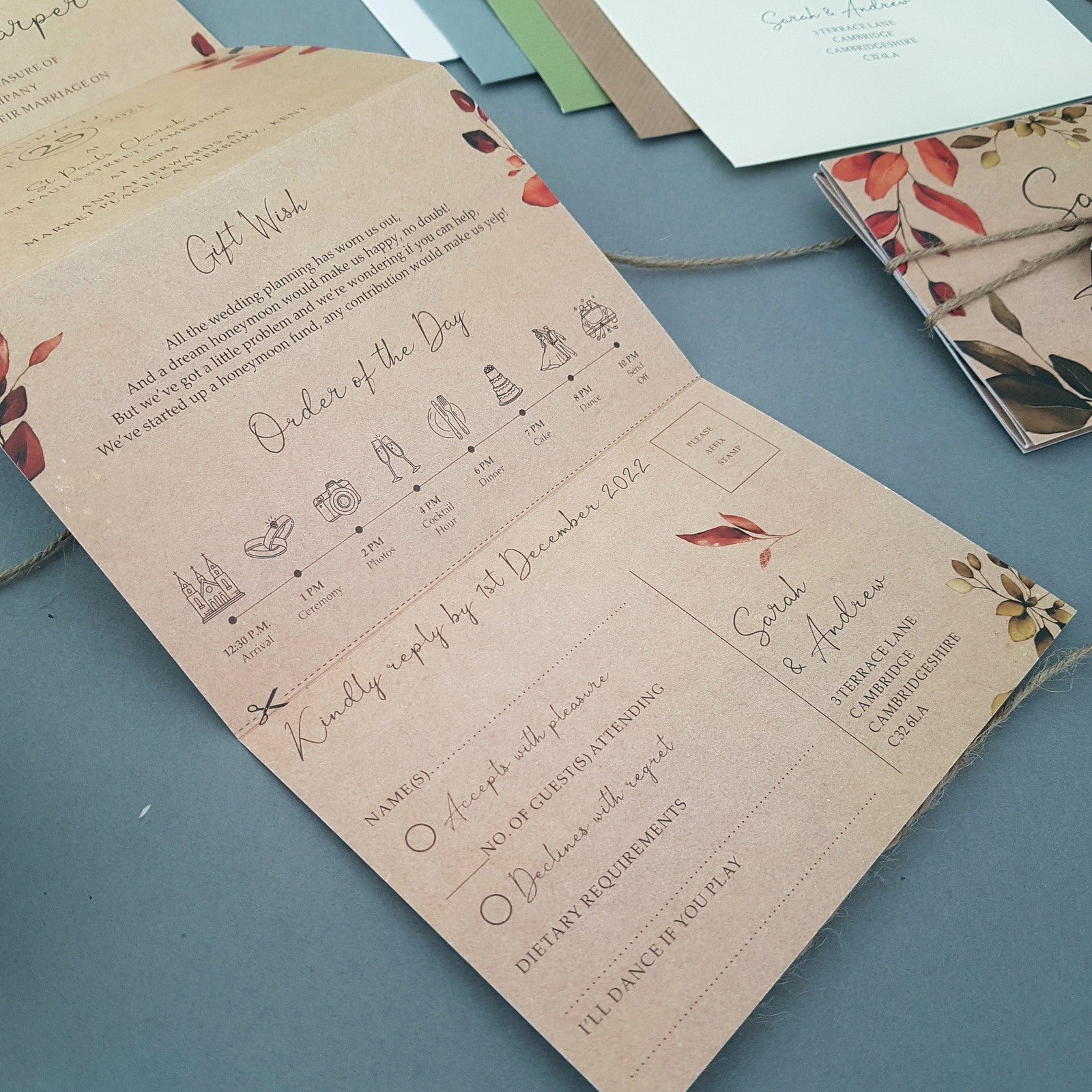 Rustic Autumn Eucalyptus Wreath Concertina Wedding Invitations