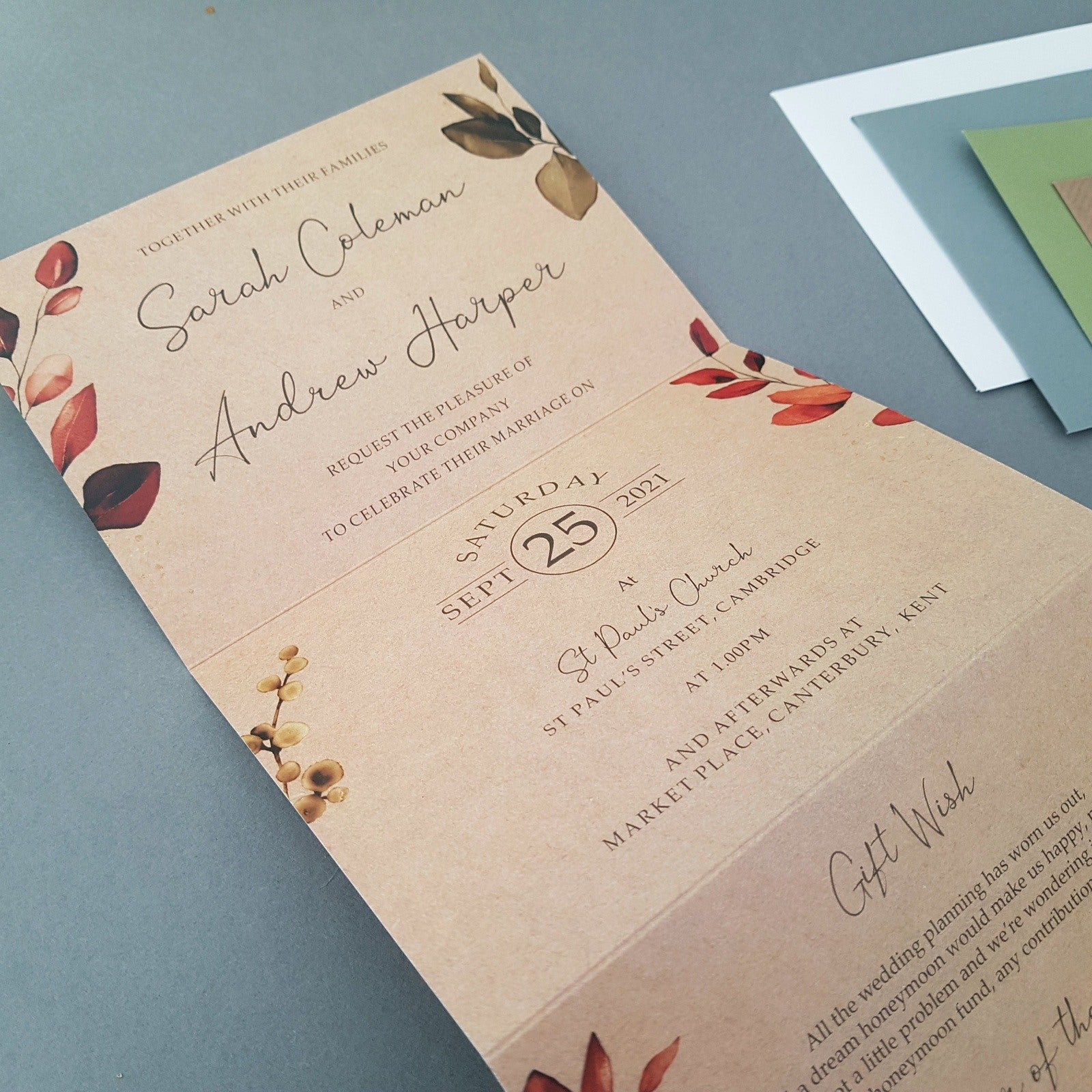 Rustic Autumn Eucalyptus Wreath Concertina Wedding Invitations