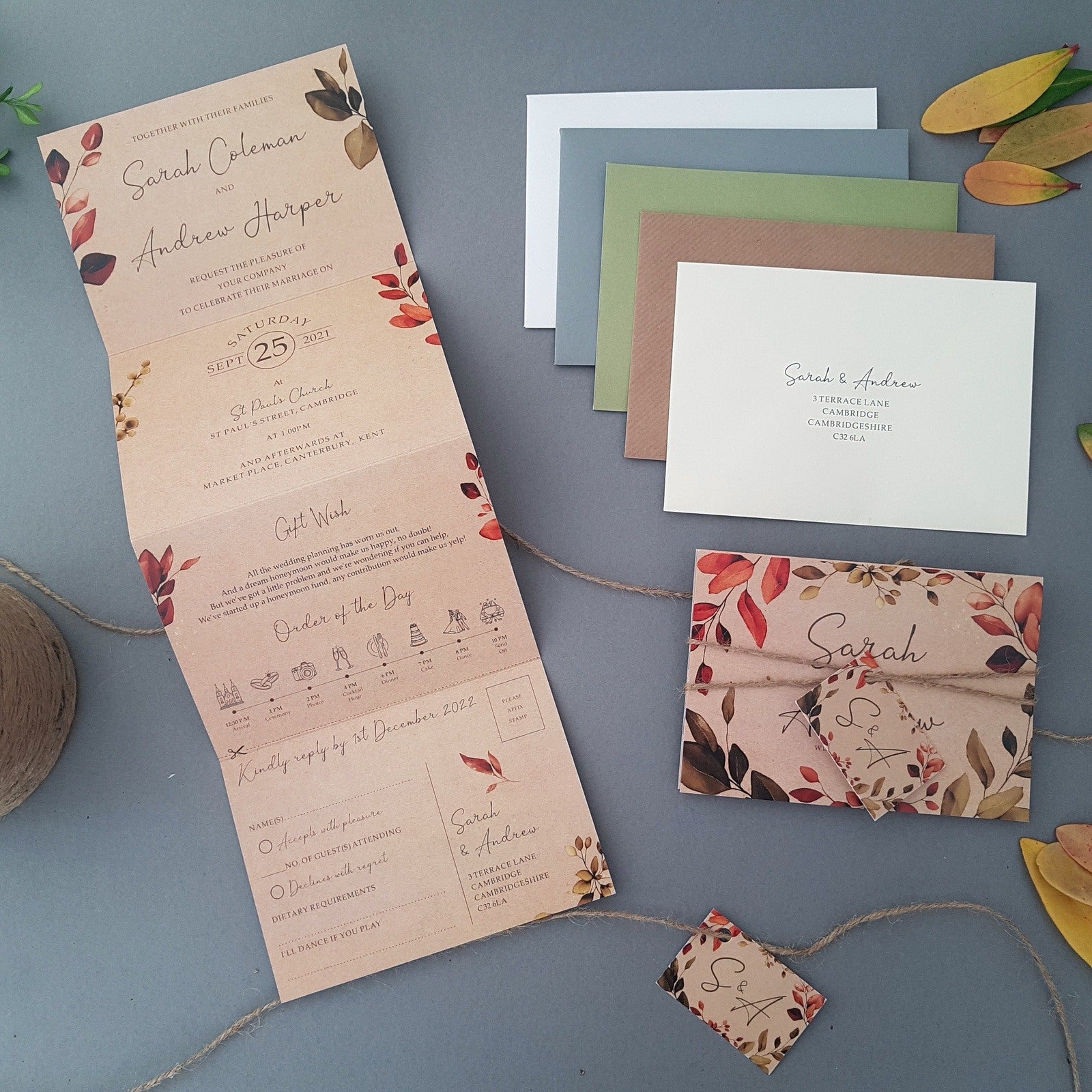 Rustic Autumn Eucalyptus Wreath Concertina Wedding Invitations