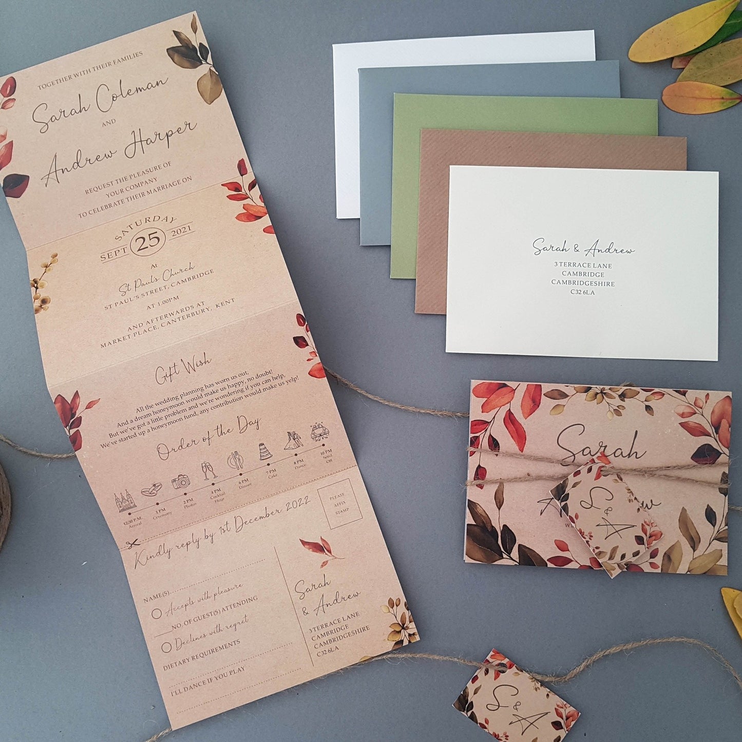 Rustic Autumn Wreath Concertina Wedding Invitations Sample