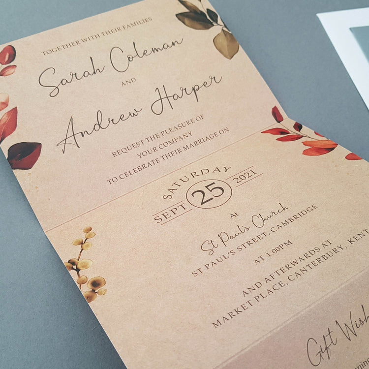 Rustic Autumn Wreath Concertina Wedding Invitations Sample