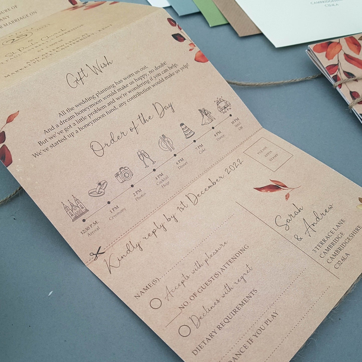 Rustic Autumn Wreath Concertina Wedding Invitations Sample