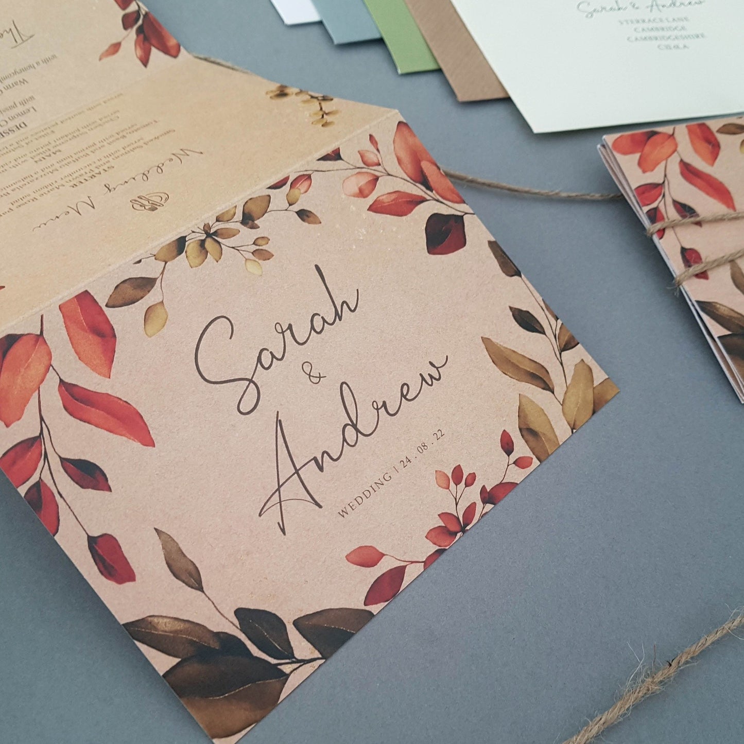 Rustic Autumn Wreath Concertina Wedding Invitations Sample