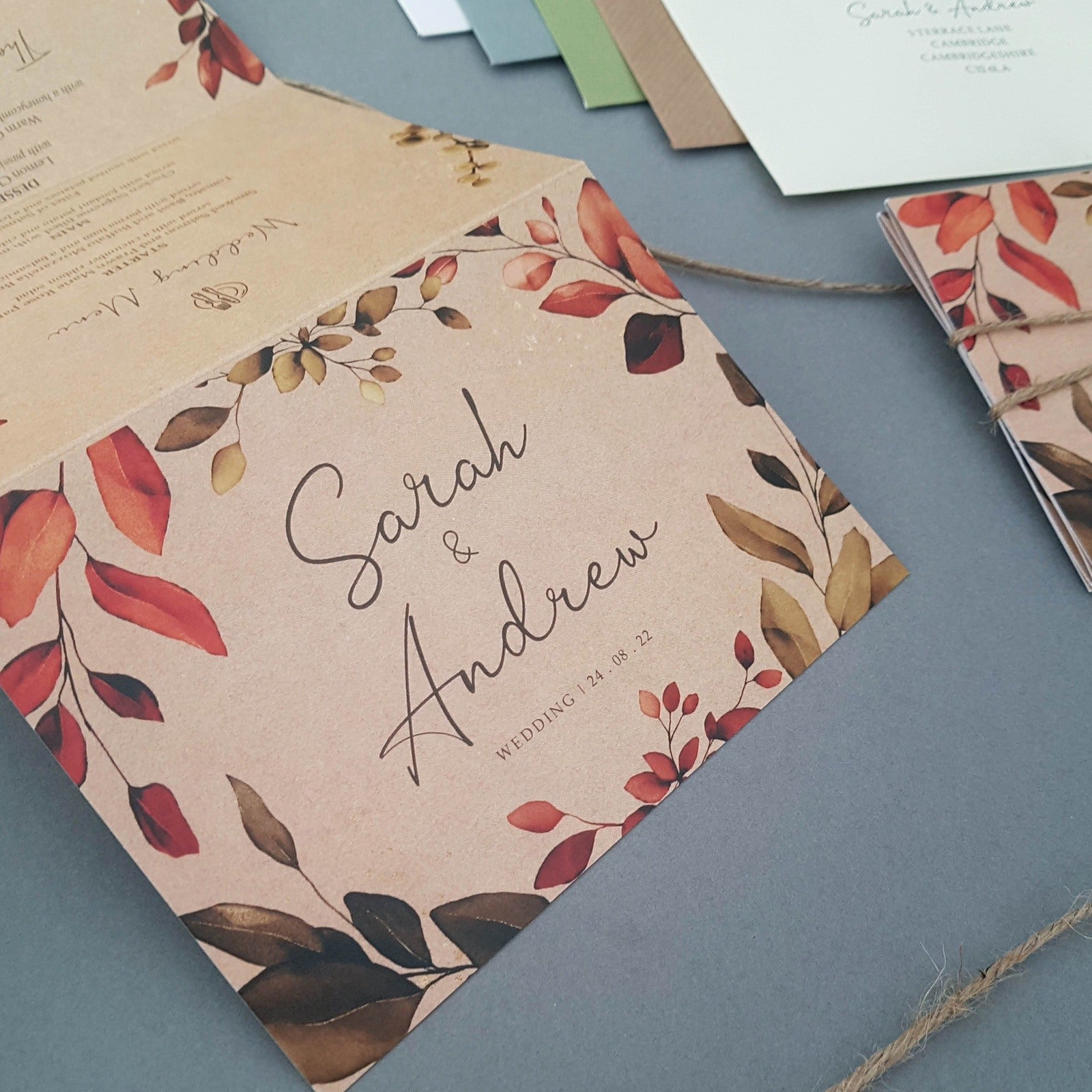 Rustic Autumn Wreath Concertina Wedding Invitations Sample