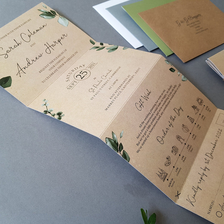 Rustic Eucalyptus Concertina Wedding Invitations Sample