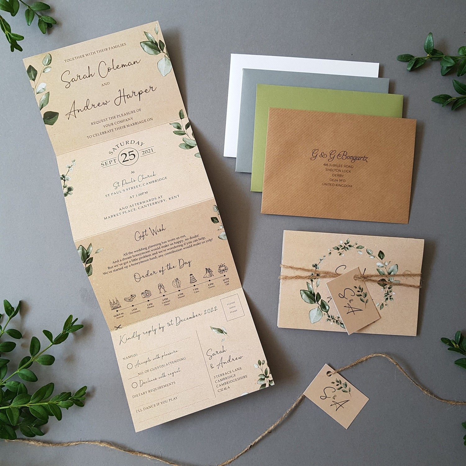 Rustic Eucalyptus Concertina Wedding Invitations Sample