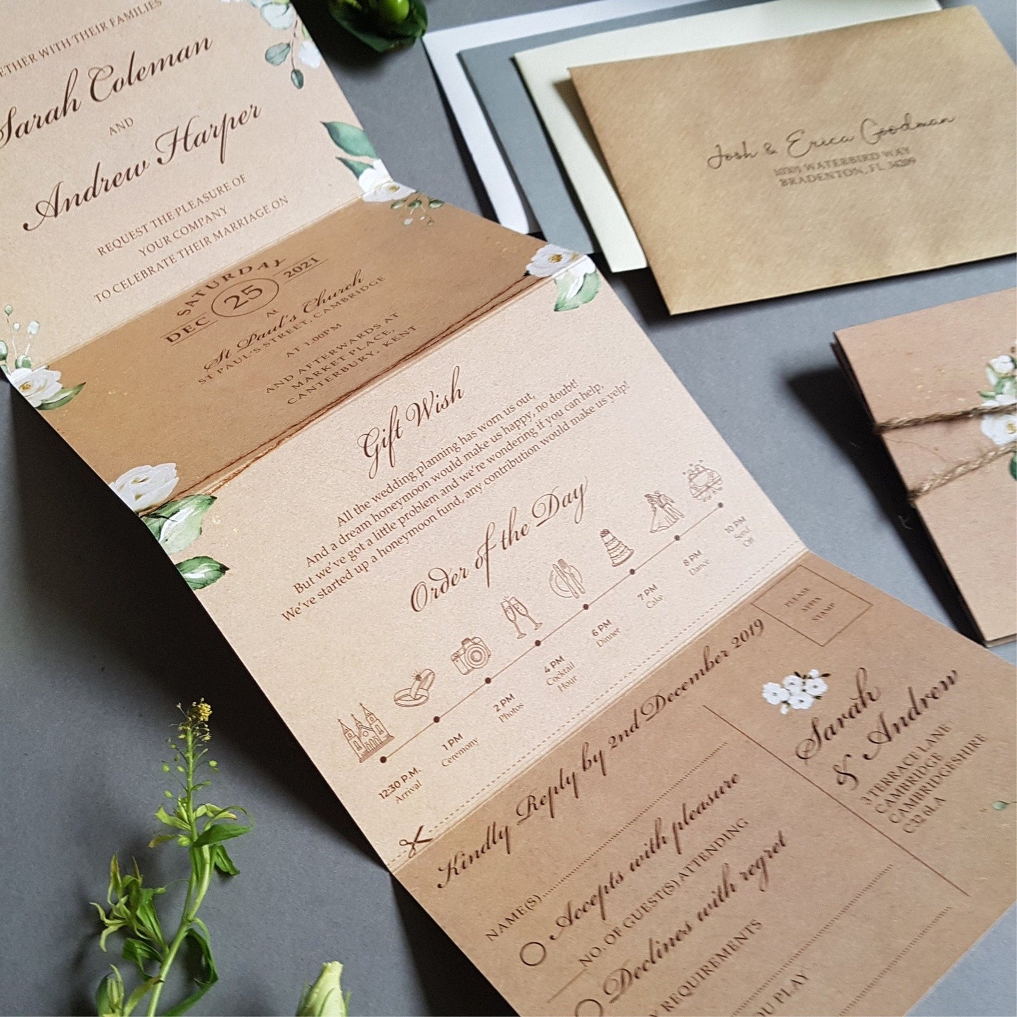 Rustic Kraft Be Our Guest White Floral Concertina Wedding Invitations Sample