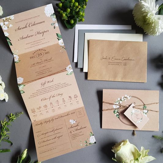 Rustic Kraft Be Our Guest White Floral Concertina Wedding Invitations Sample