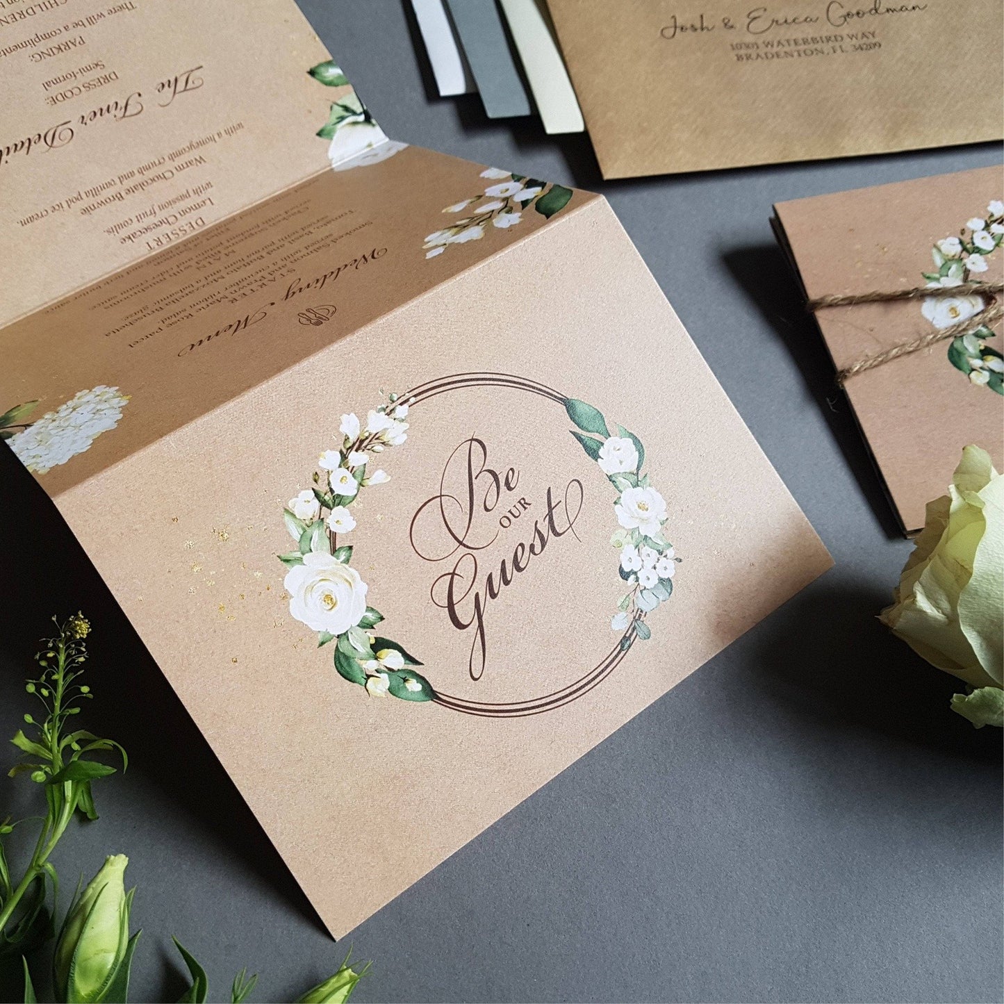 Rustic Kraft Be Our Guest White Floral Concertina Wedding Invitations Sample