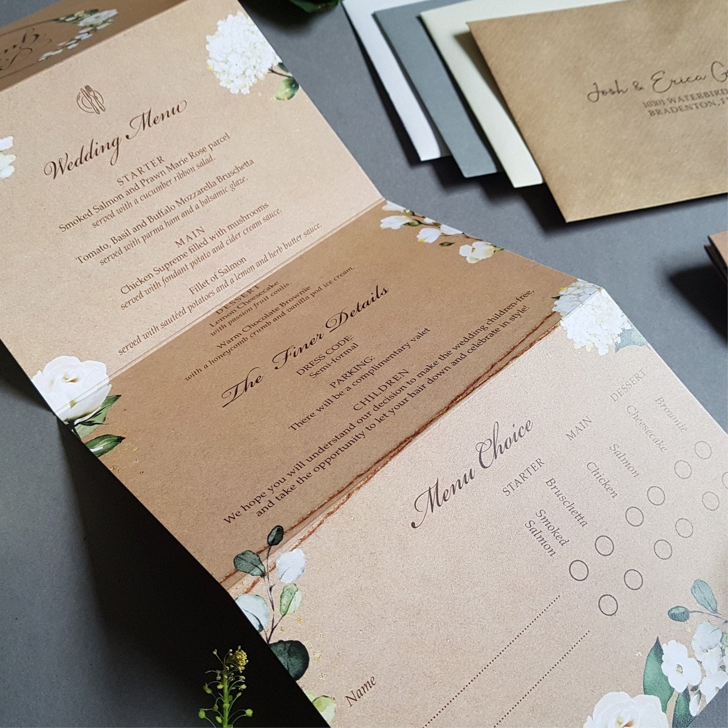 Rustic Kraft Be Our Guest White Floral Concertina Wedding Invitations Sample