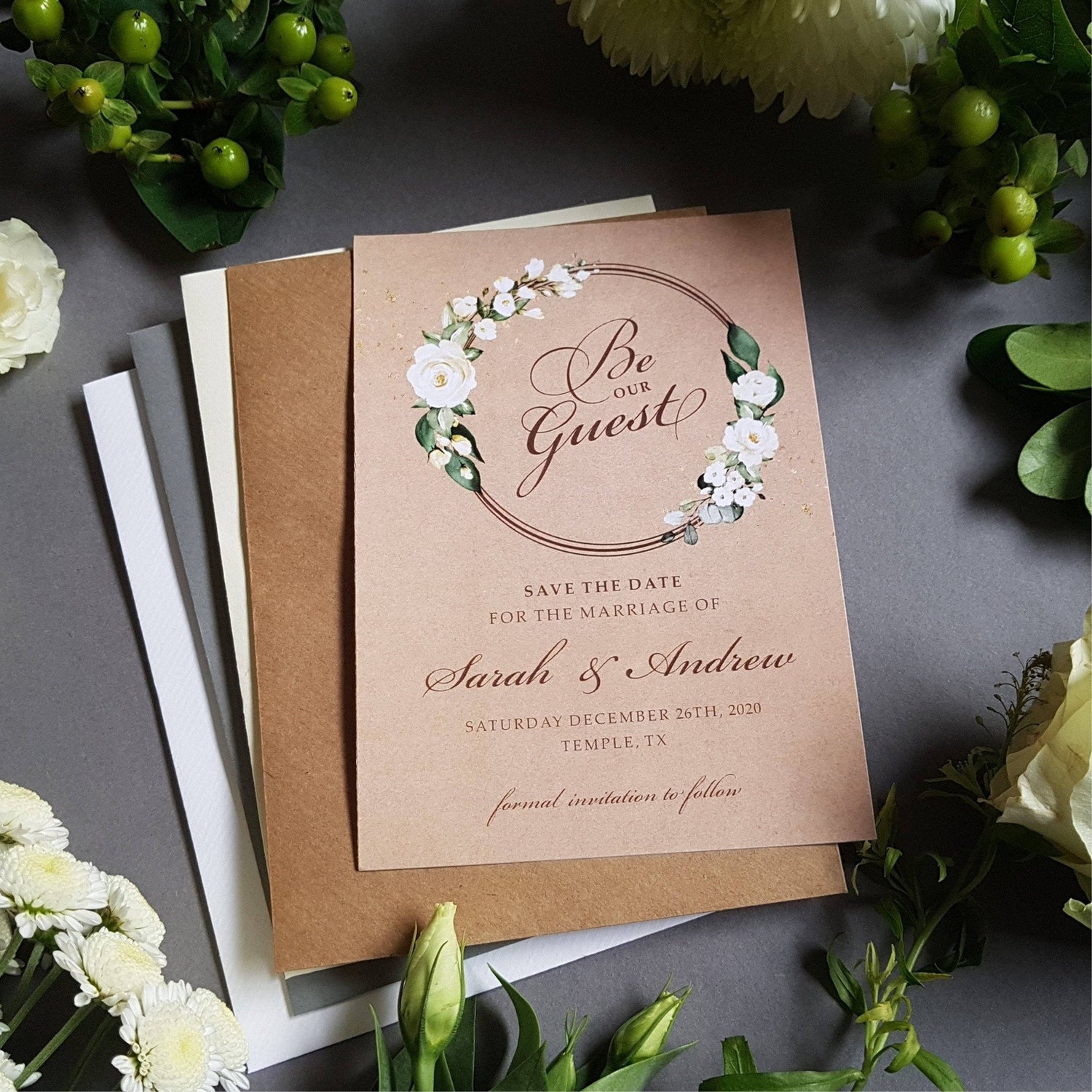 Rustic Kraft Be our guest white floral save the date cards