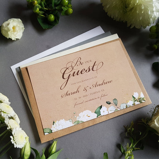 Rustic Kraft Be our guest white floral save the date cards