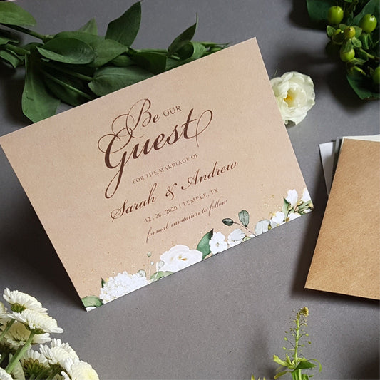 Rustic Kraft Be our guest white floral save the date cards