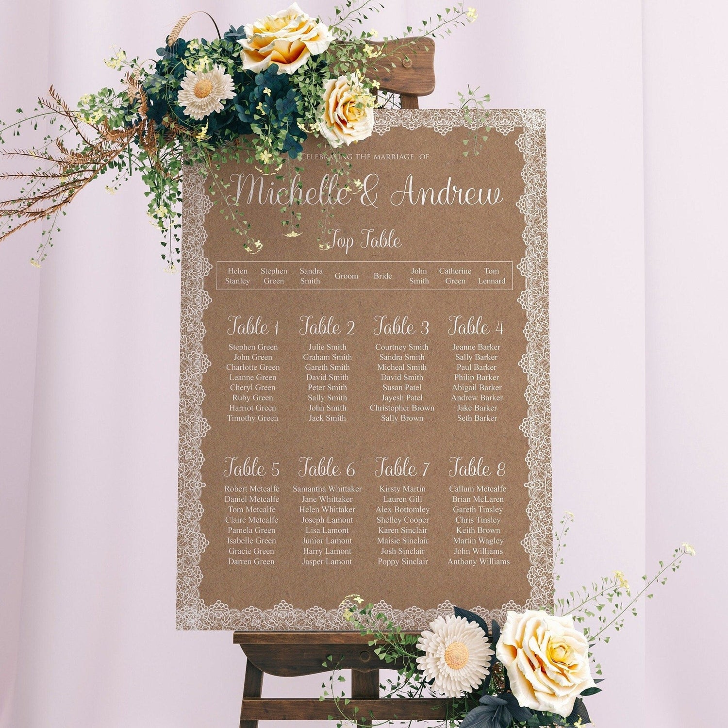 Rustic Lace Wedding Seating Chart Table Plan