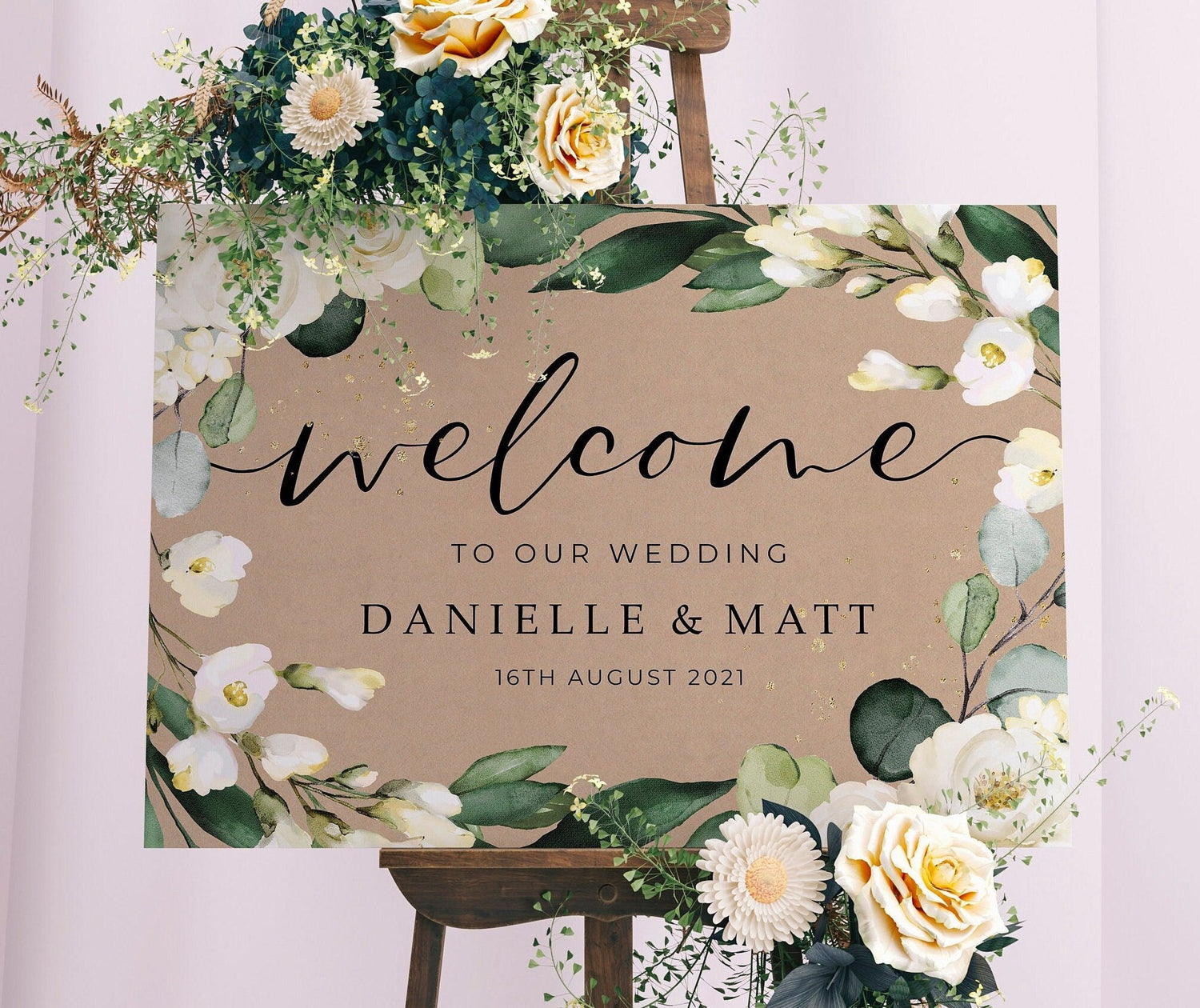 Rustic White Floral Wedding Welcome Sign