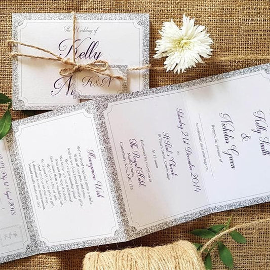 Silver Glitter Concertina Wedding Invitations, Tag & Twine Sample