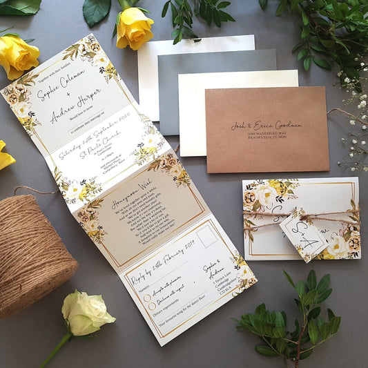 Spring Yellow Gold Floral Concertina Wedding Invitations