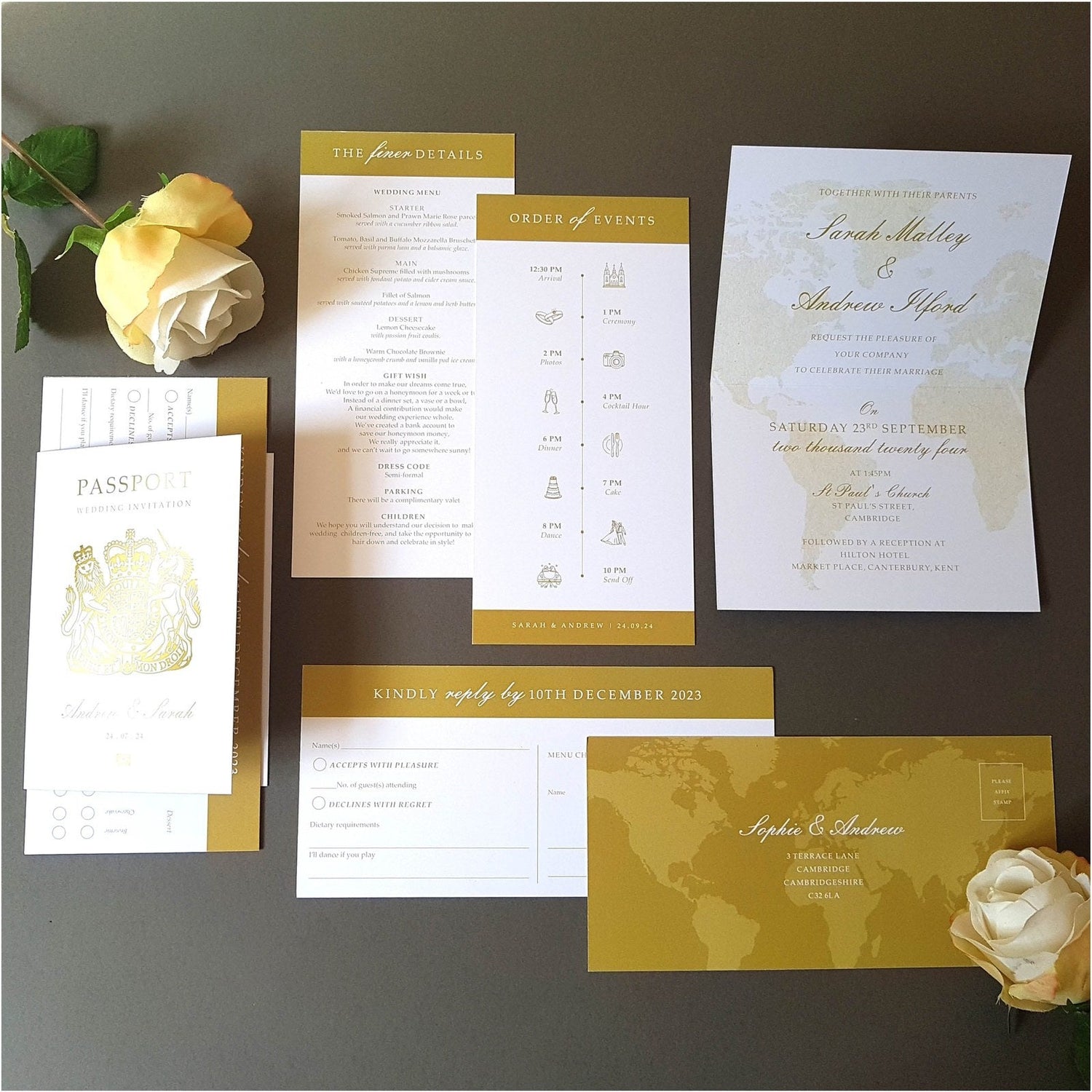 UK Passport Wedding Invitations Set with board pass rsvp card in gold Sienna Mai