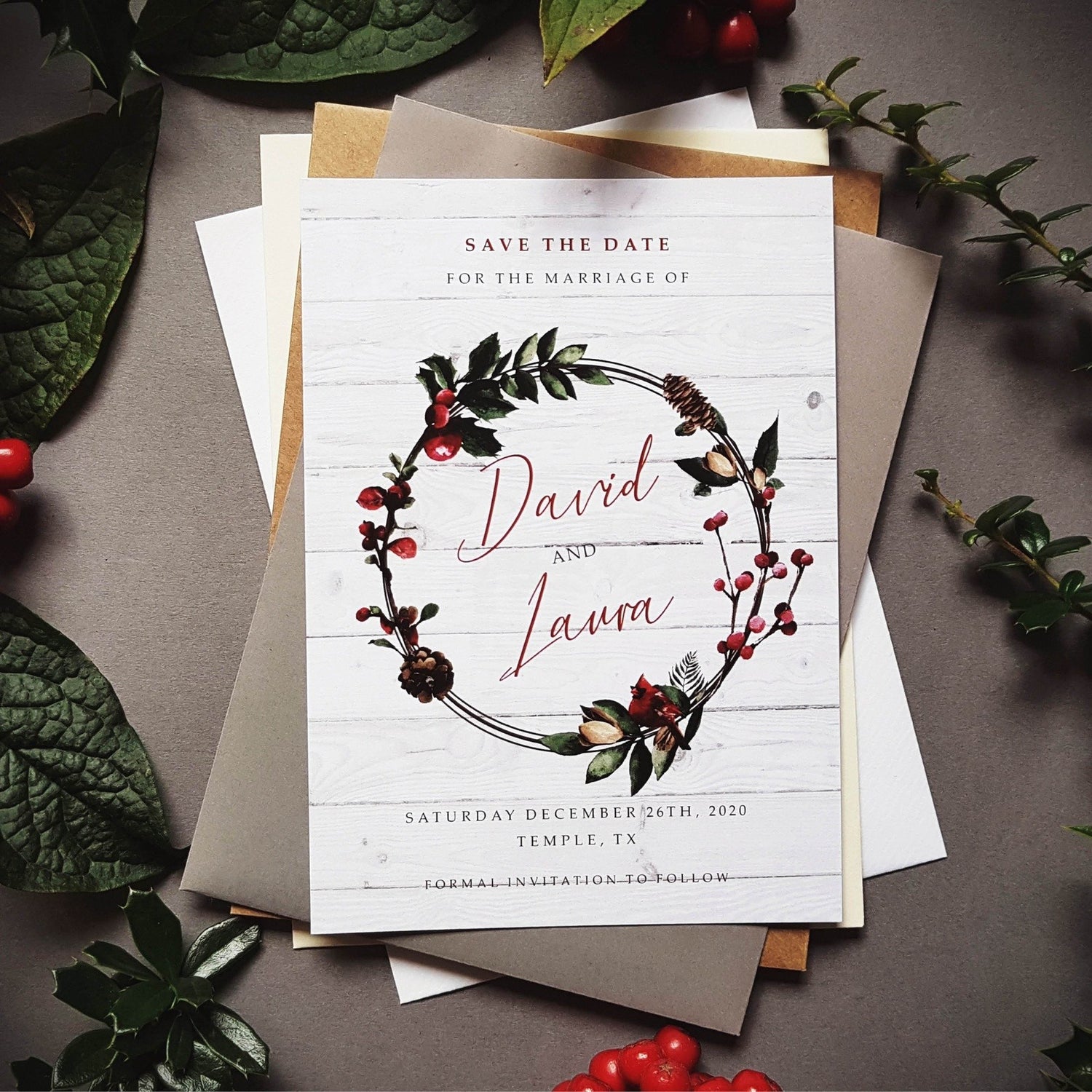White Christmas winter save the date cards