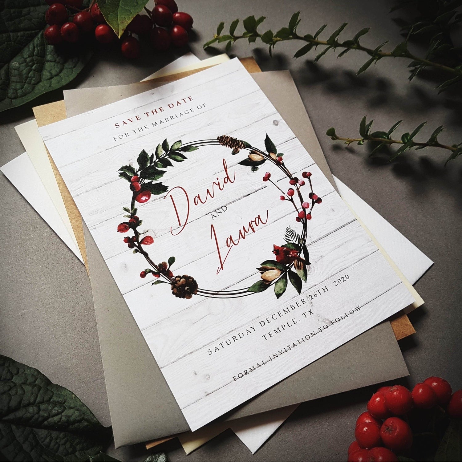 White Christmas winter save the date cards