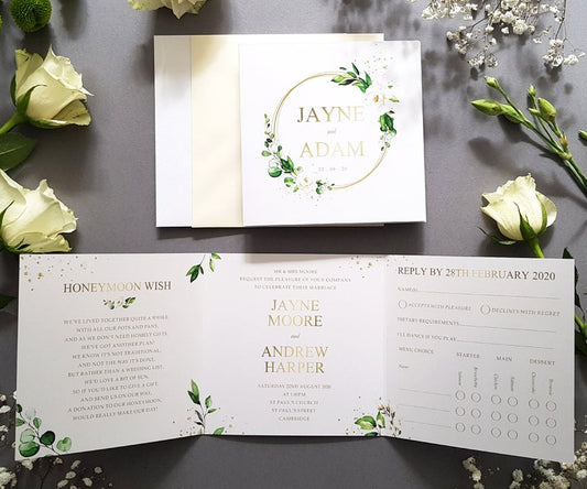 White Floral Gold Trifold Wedding and Evening Invitation