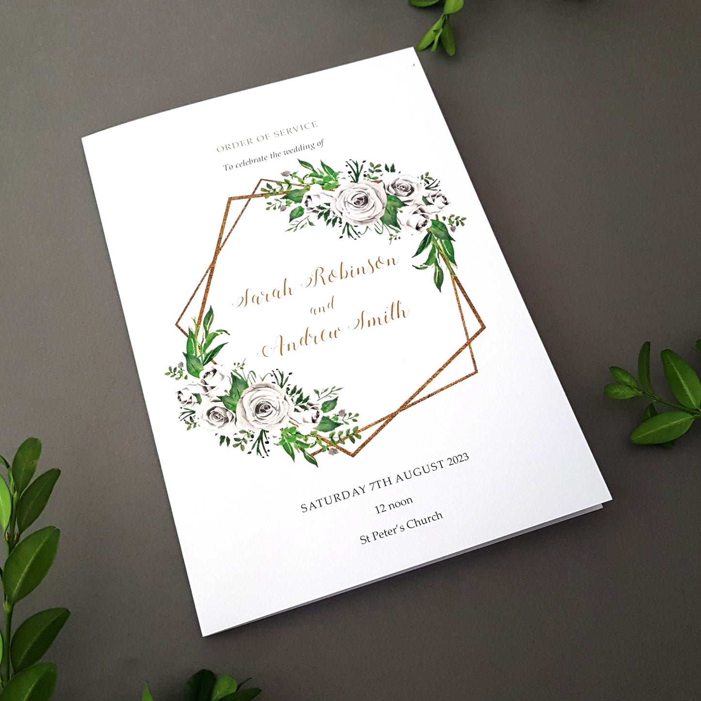 White Floral Gold Wedding Order of Service
