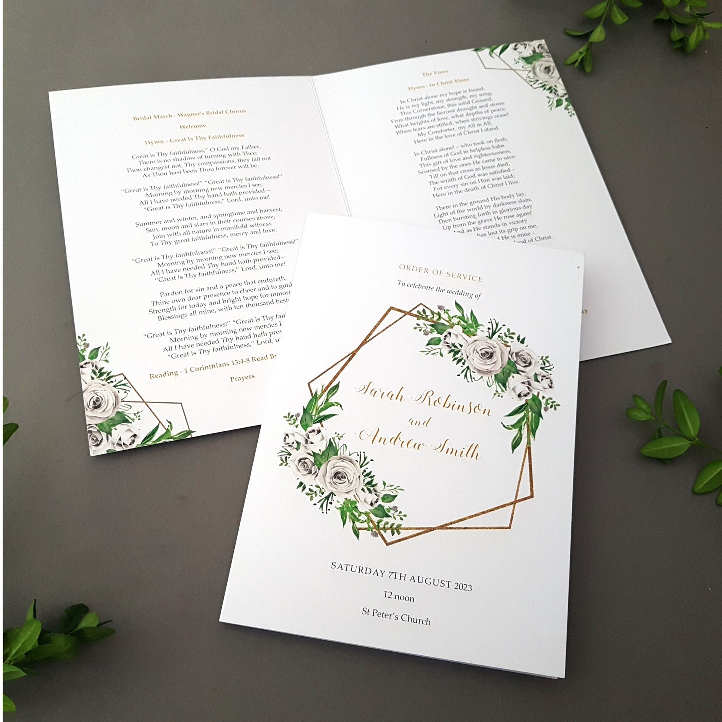 White Floral Gold Wedding Order of Service