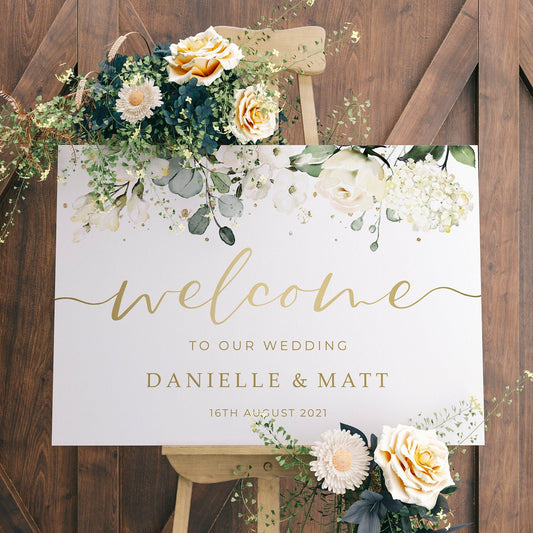 White Floral & Gold Wedding Welcome Sign