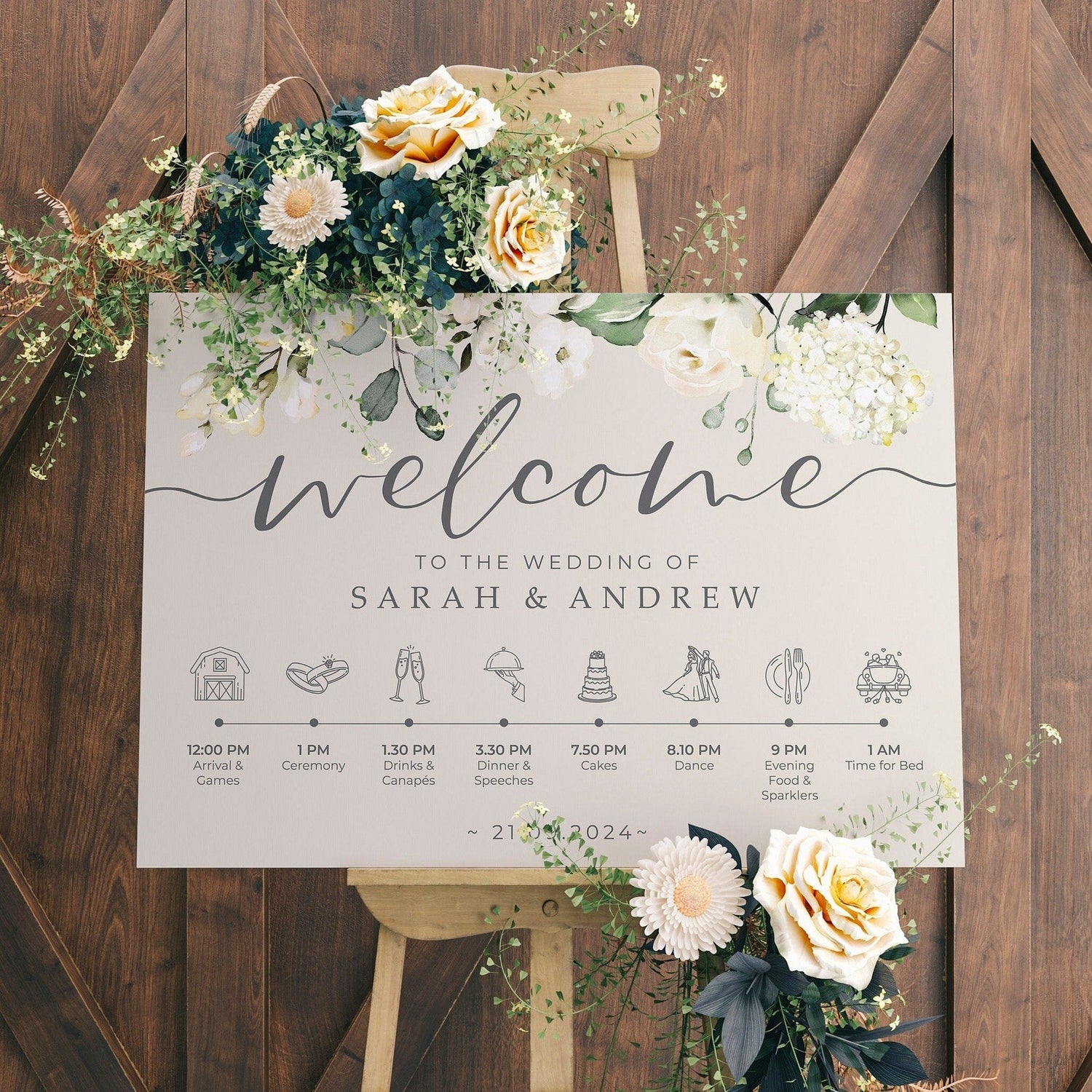 White Floral Order of the Day Wedding Welcome Sign